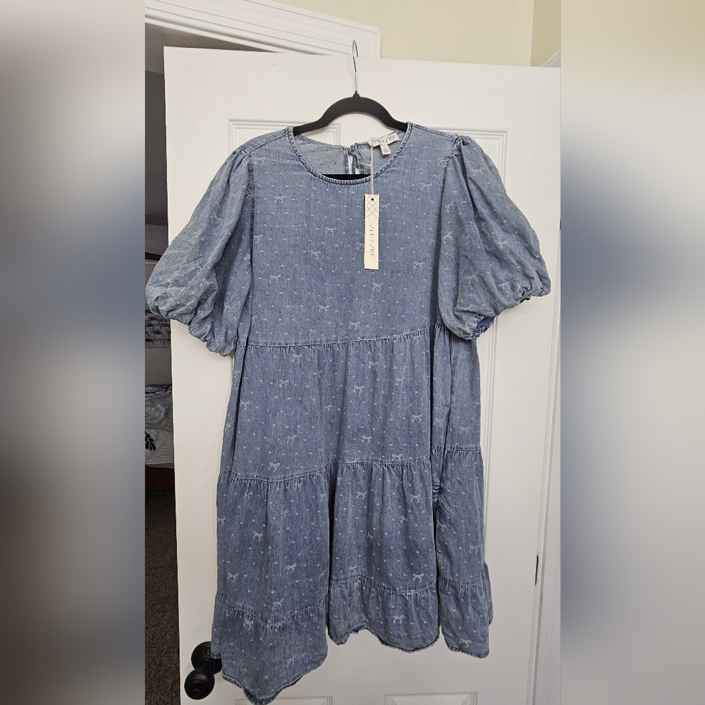 SHE AND SKY Denim Bow Puff Sleeve Dress